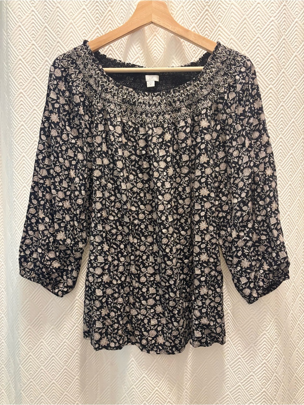 J.JILL Black Floral Smocked Peasant Blouse Medium